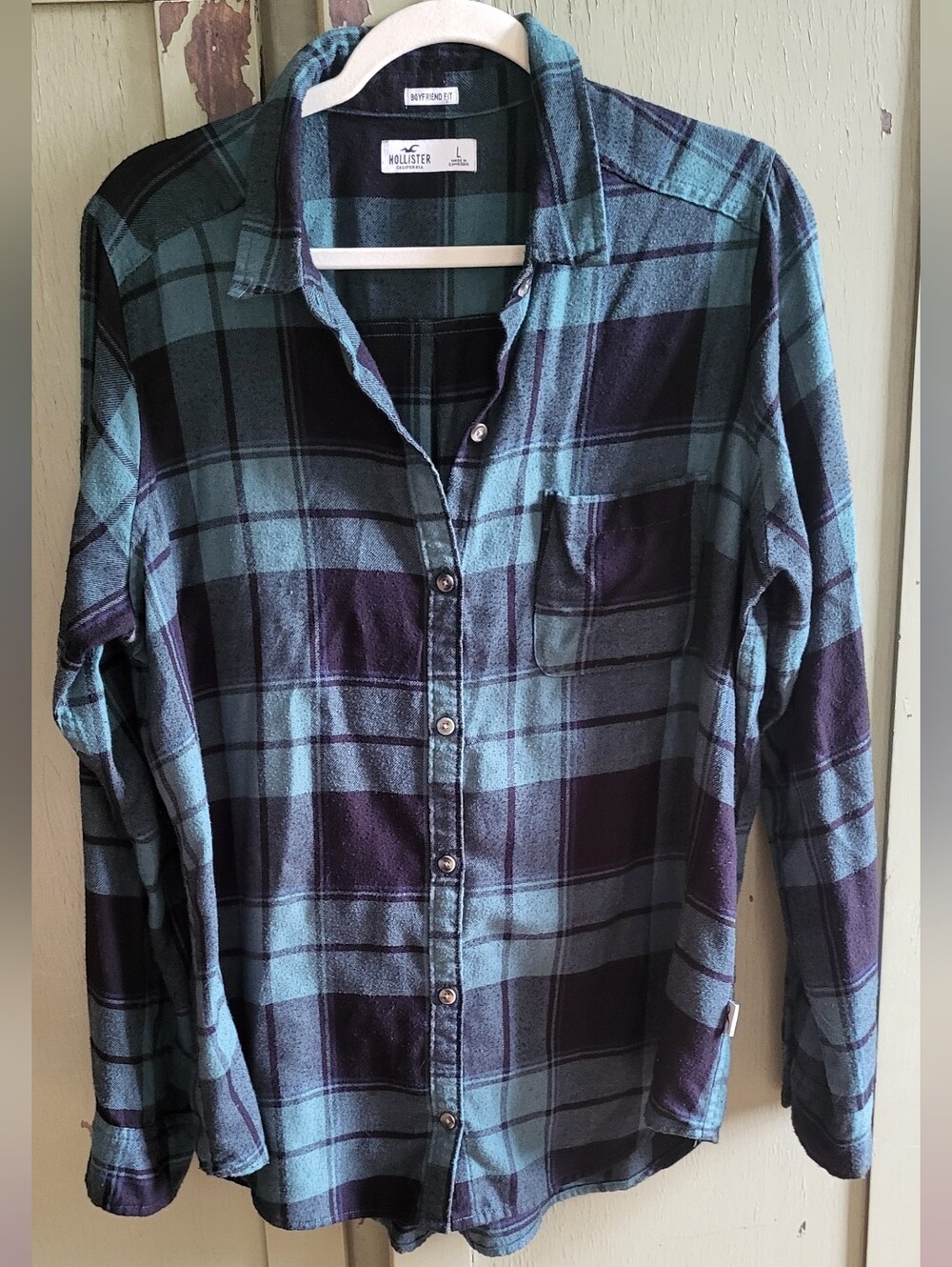 Hollister Green Plaid Boyfriend Fit Button Down Flannel Shirt Size Large